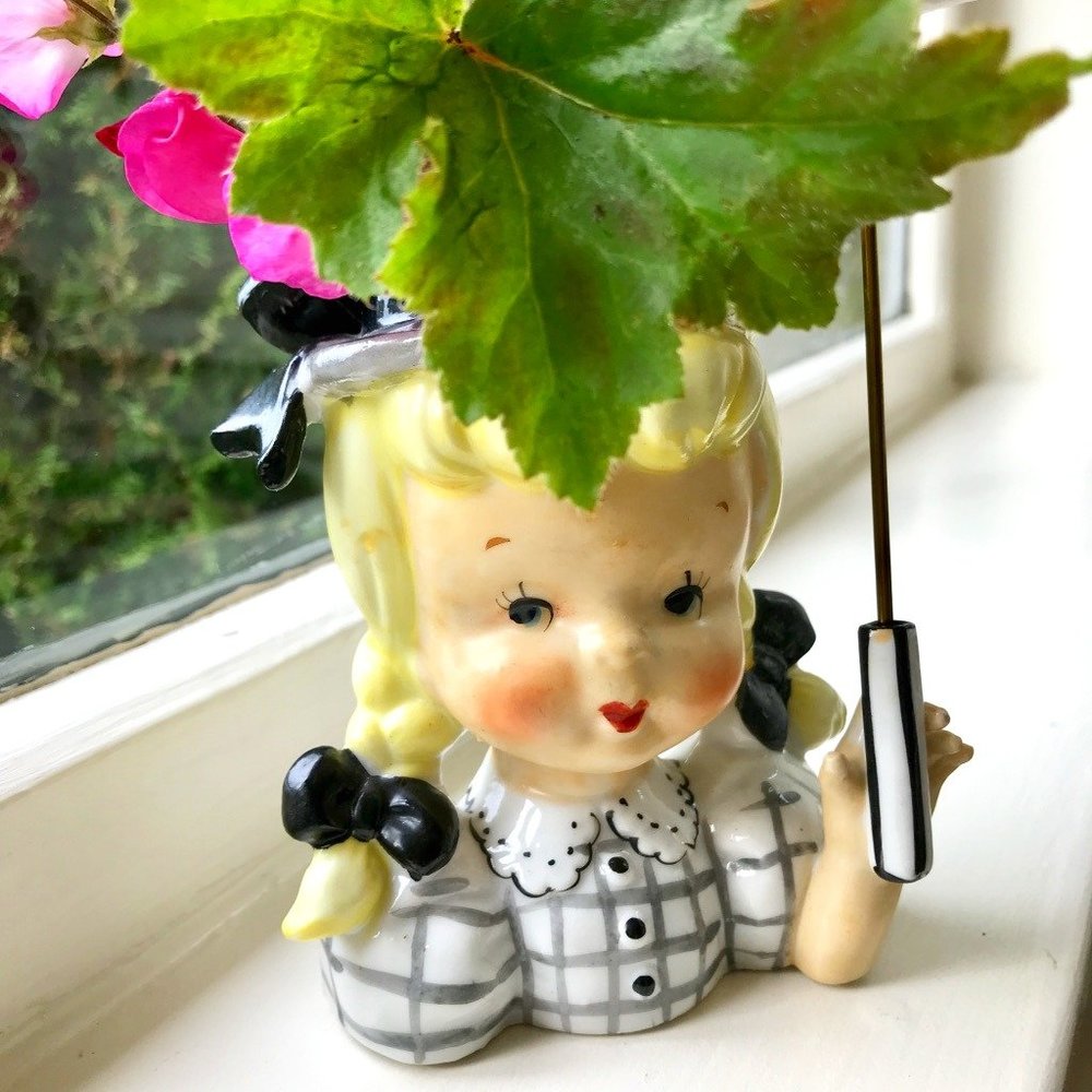 Rare Head Vase Girl With Umbrella!